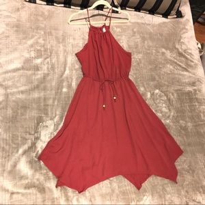 Bebop, (M), Rust, halter dress , handkerchief hem, defined waist w/bead tie.